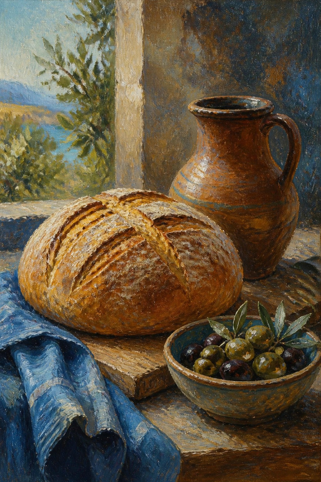 Still life with crusty bread, olive bowl, clay jug, blue cloth on windowsill