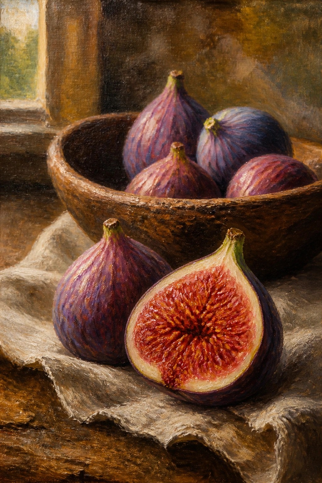 Ripe purple figs in wooden bowl, two whole and one halved on cloth.