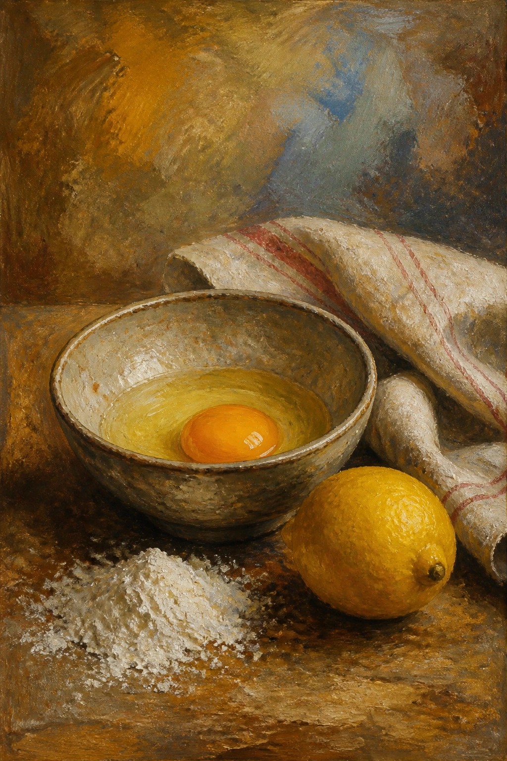 An oil painting shows a ceramic bowl holding a single egg yolk, a whole lemon, a pile of white powder, and a folded cloth with red stripes on a wooden surface.