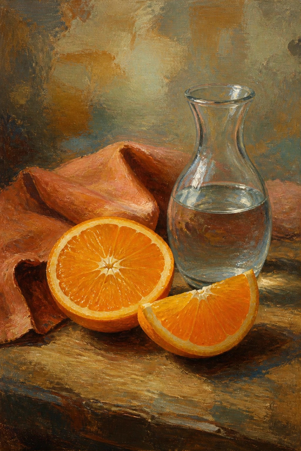 Still life with halved oranges, water carafe, and rust cloth on wood