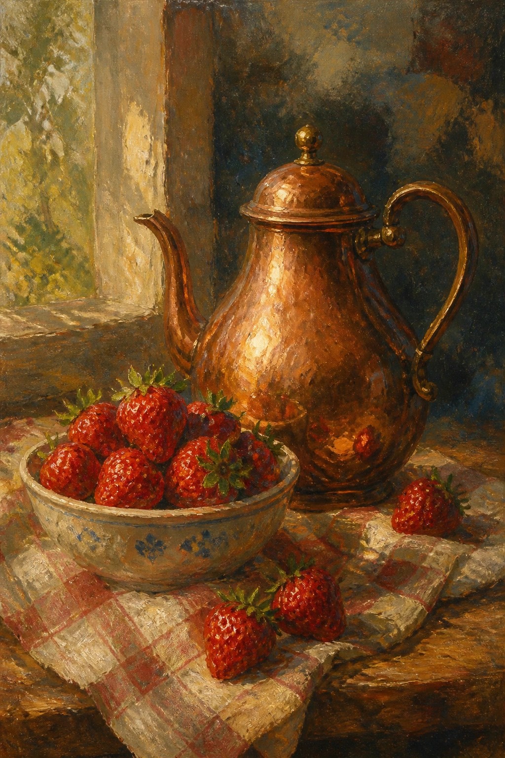 Copper teapot beside floral bowl of strawberries on red checkered cloth