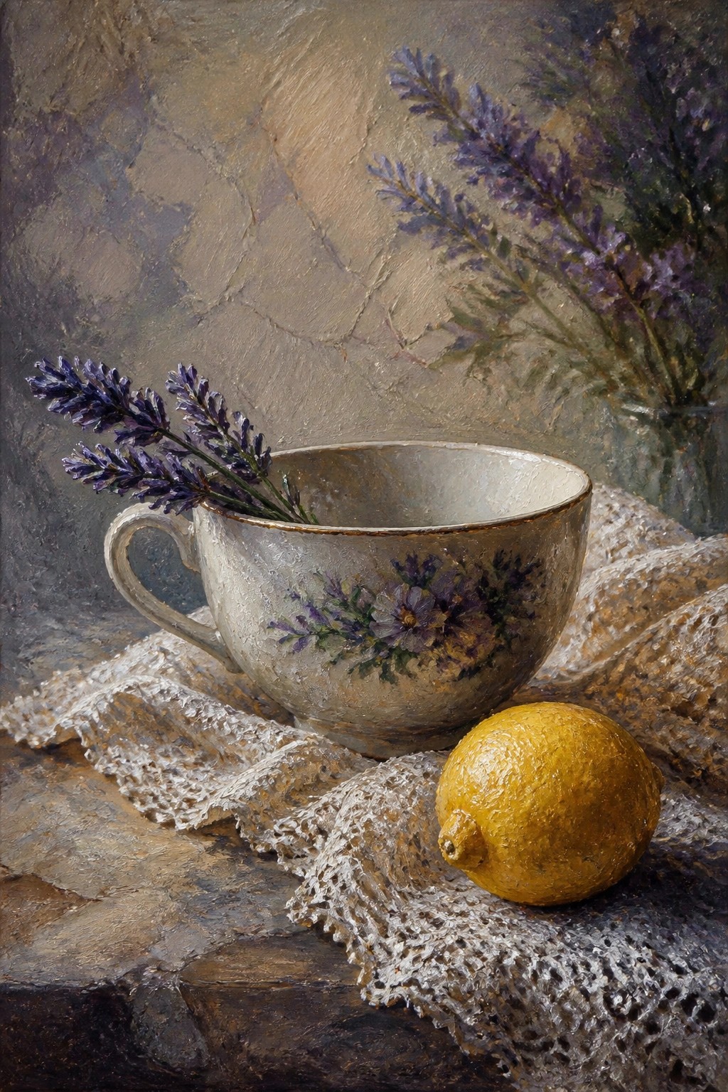 Still life of floral teacup with lavender sprigs beside lemon on lace.