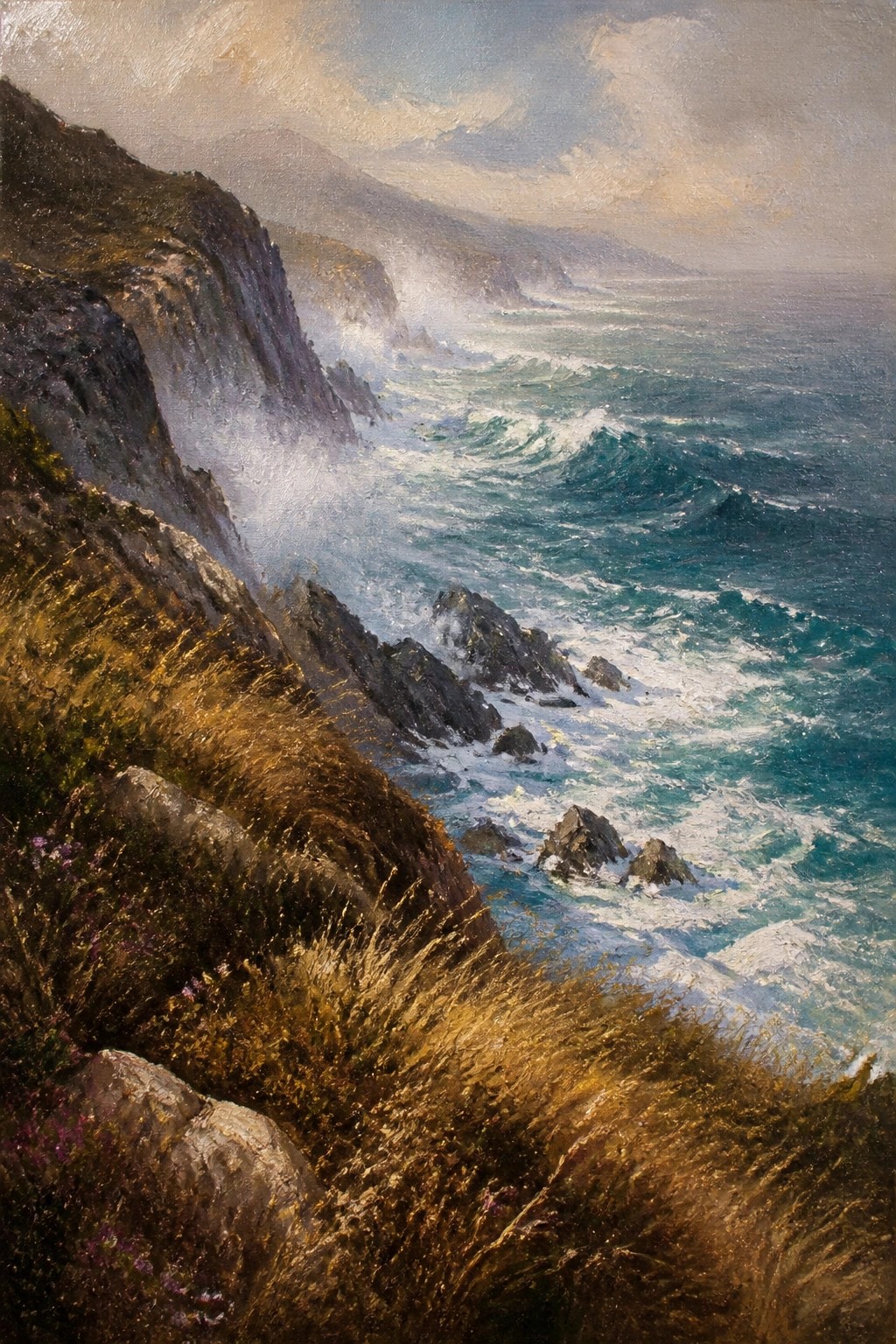 Oil painting of waves crashing against steep rocky cliffs with grass in the foreground.