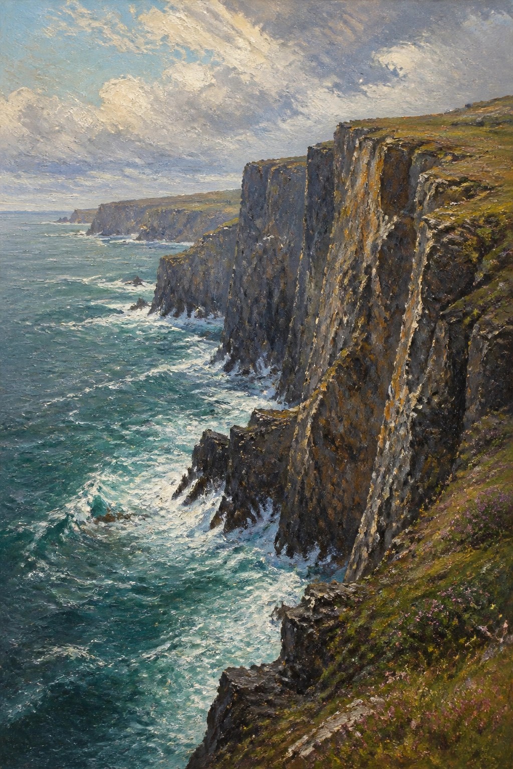 An oil painting of tall cliffs along a coastline with waves breaking against the rocks under a partly cloudy sky.