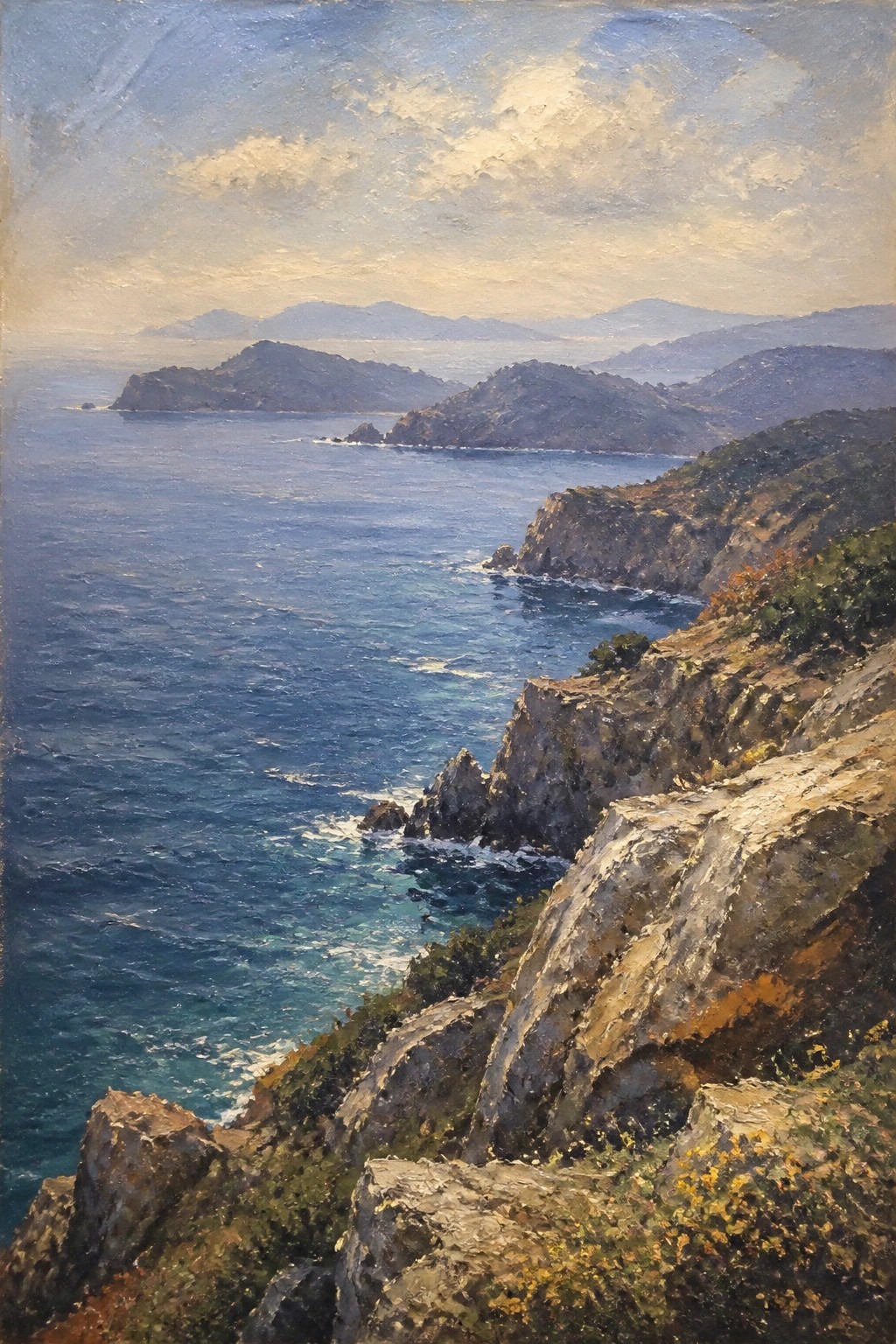 Rocky cliffs overlook a vast blue sea with distant misty mountains under golden skies.
