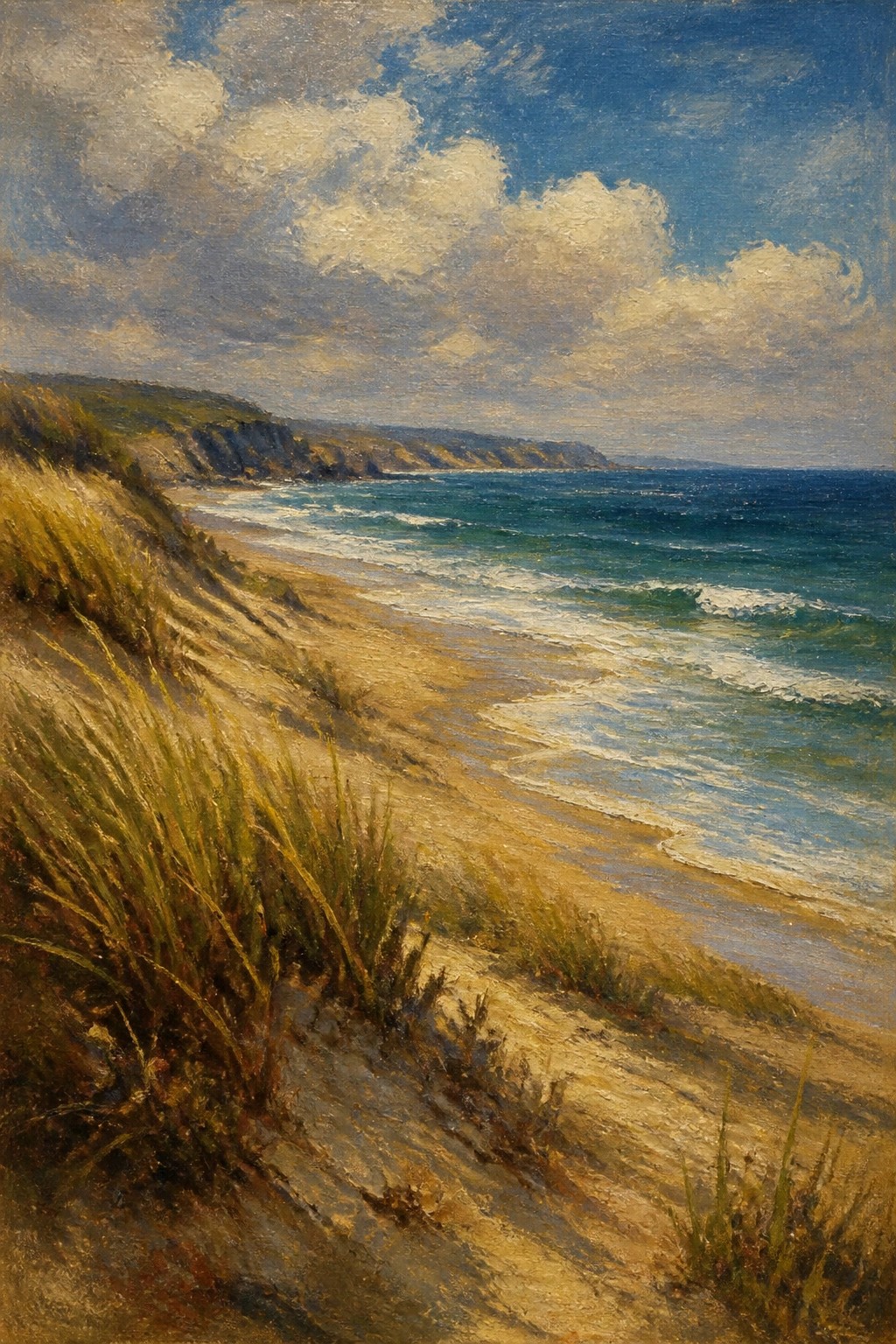 Golden sand dunes with grass overlook turquoise waves and distant cliffs under clouds