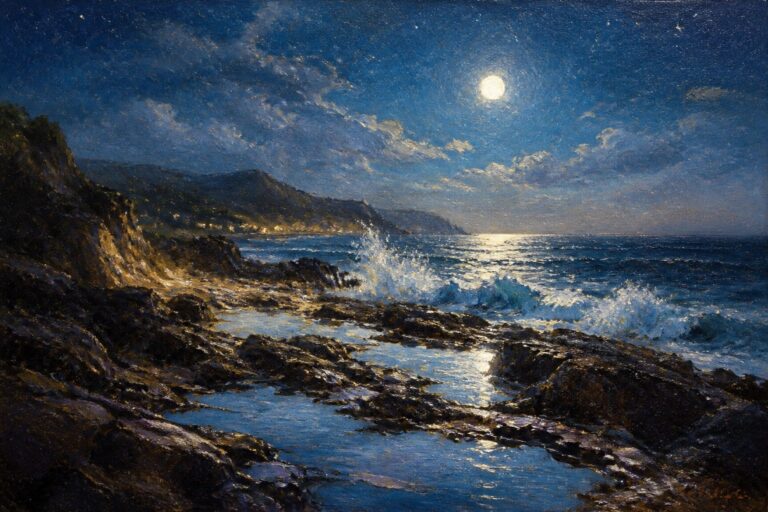 A realistic oil painting of a moonlit ocean at night with waves crashing on rocky cliffs, a bright full moon in the sky, and a colorful tidal pool in the foreground.