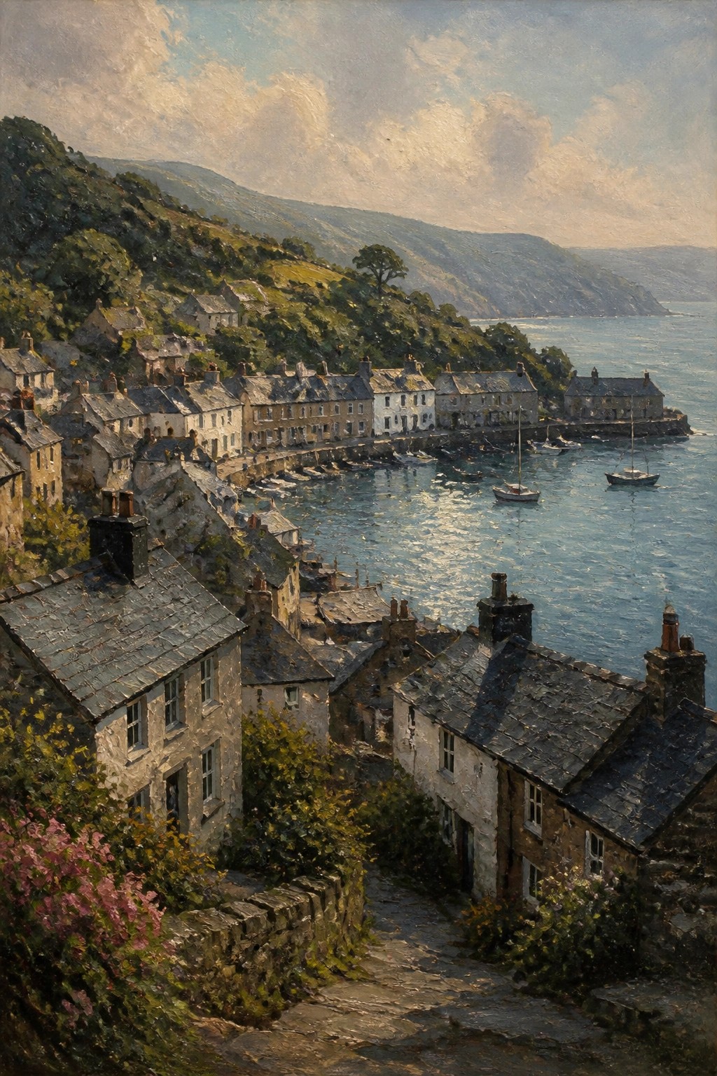 Stone houses overlook a sunlit harbor amid green hills and flowering paths.