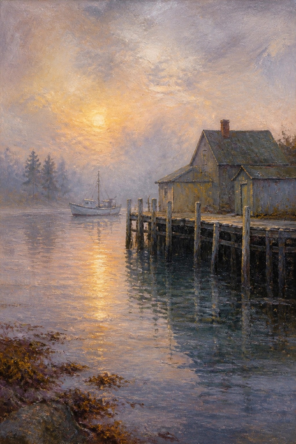 Weathered wooden dock with building beside misty water, boat under golden sunset.