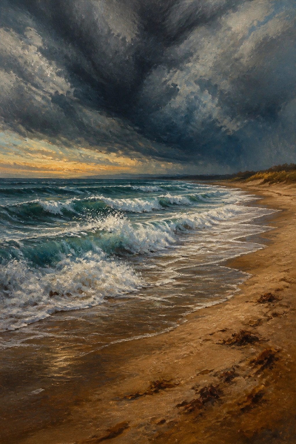 Waves crash on sandy beach beneath dark stormy clouds with golden sunset glow