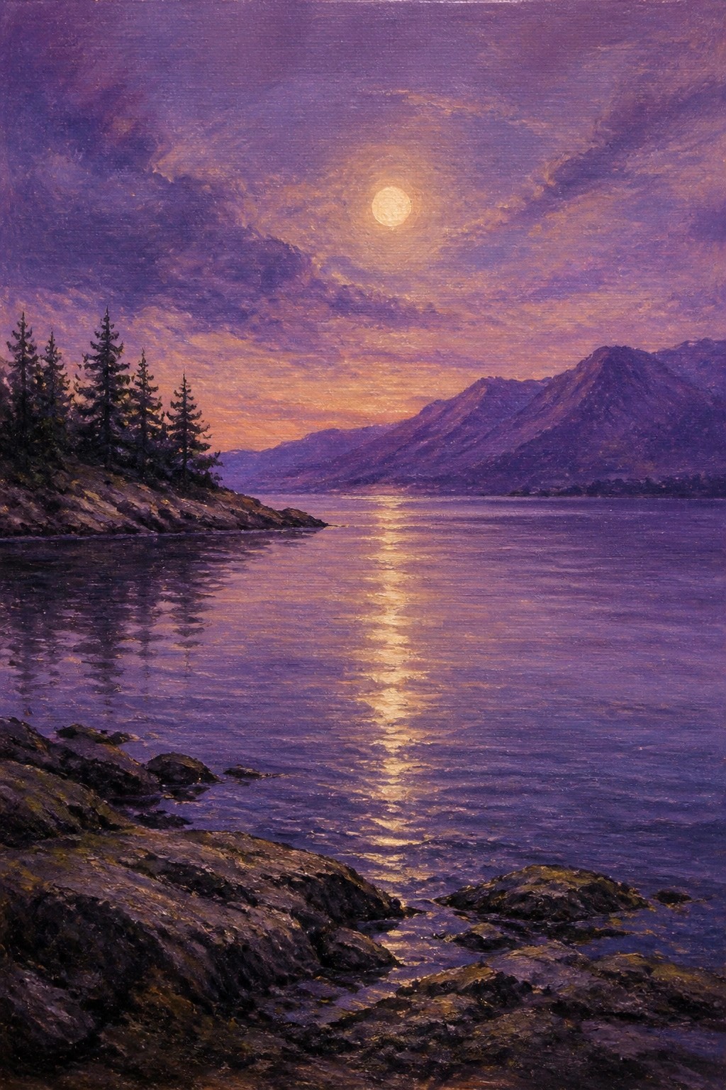 Moonlit purple sky over calm lake with mountain range and pine trees.