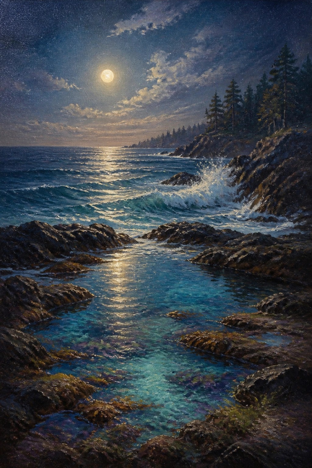 A realistic oil painting of a moonlit ocean at night with waves crashing on rocky cliffs, a bright full moon in the sky, and a colorful tidal pool in the foreground.