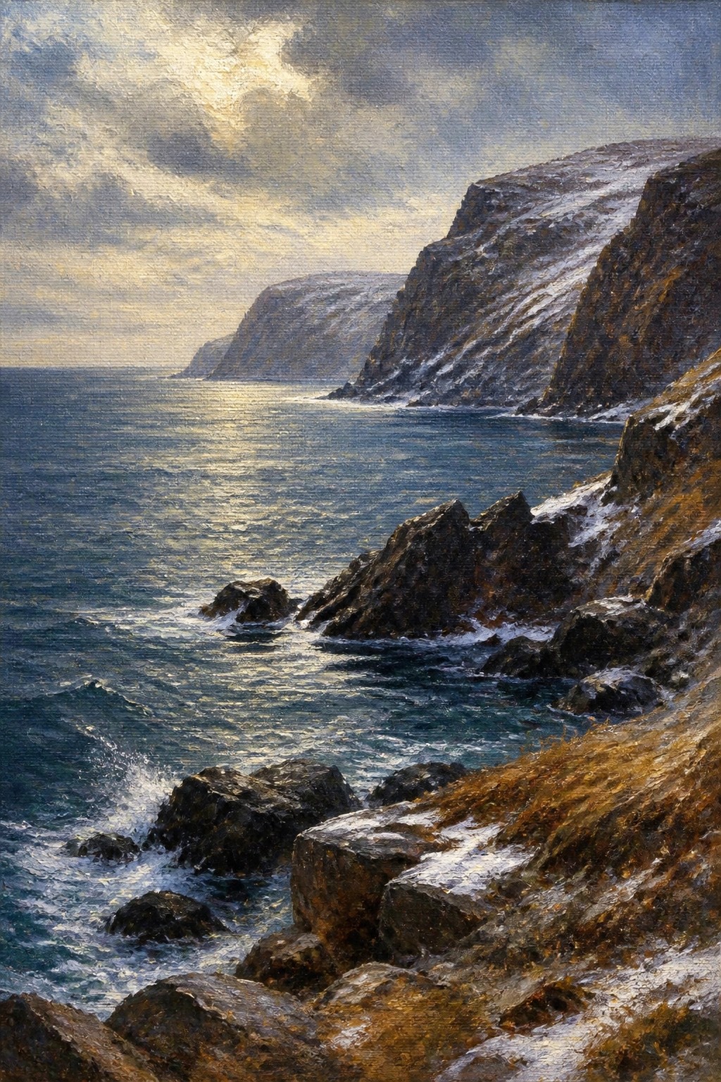 Snowy cliffs tower over a sunlit sea with waves crashing on rocks.