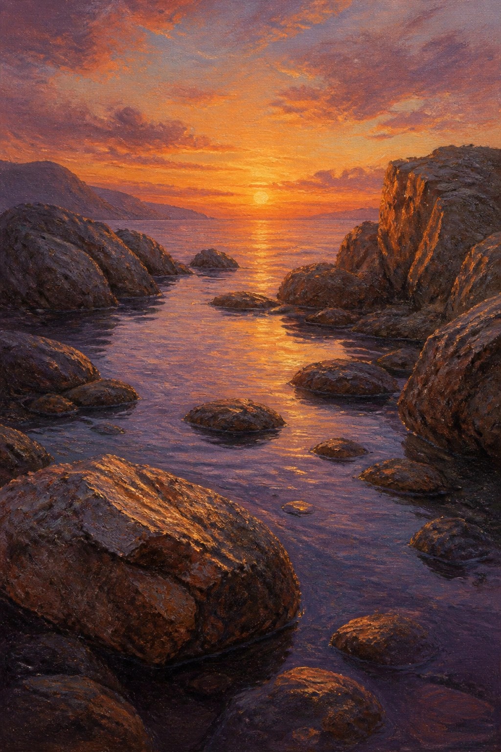 An oil painting of a sunset over the ocean with large dark rocks in the foreground and water reflecting the orange sky.