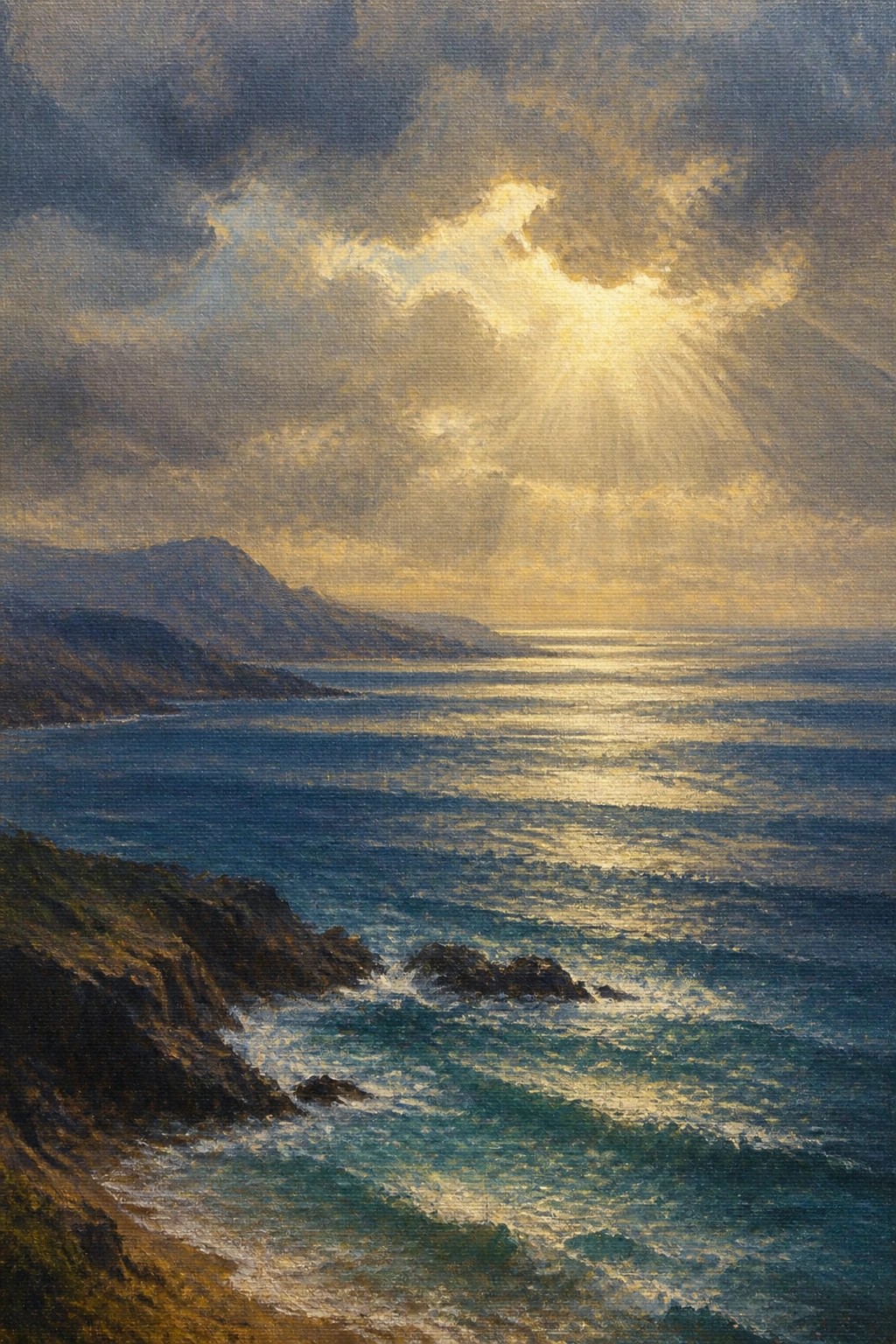 Sun rays piercing dark clouds over golden waves near rocky cliffs and hills