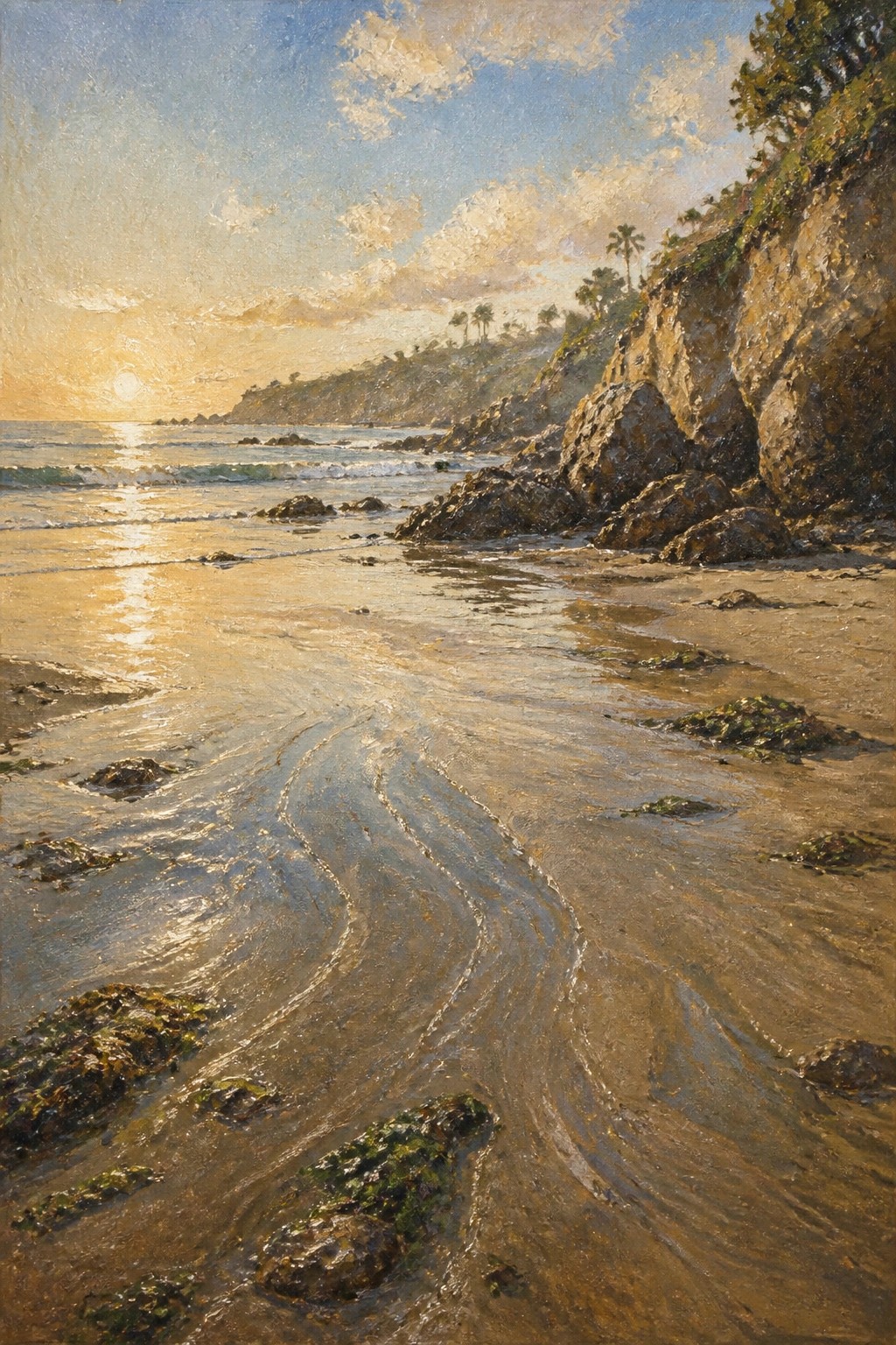 An oil painting of a sunset over the ocean with wet sand showing curved water trails, scattered rocks, and a rocky cliff with trees on the right.