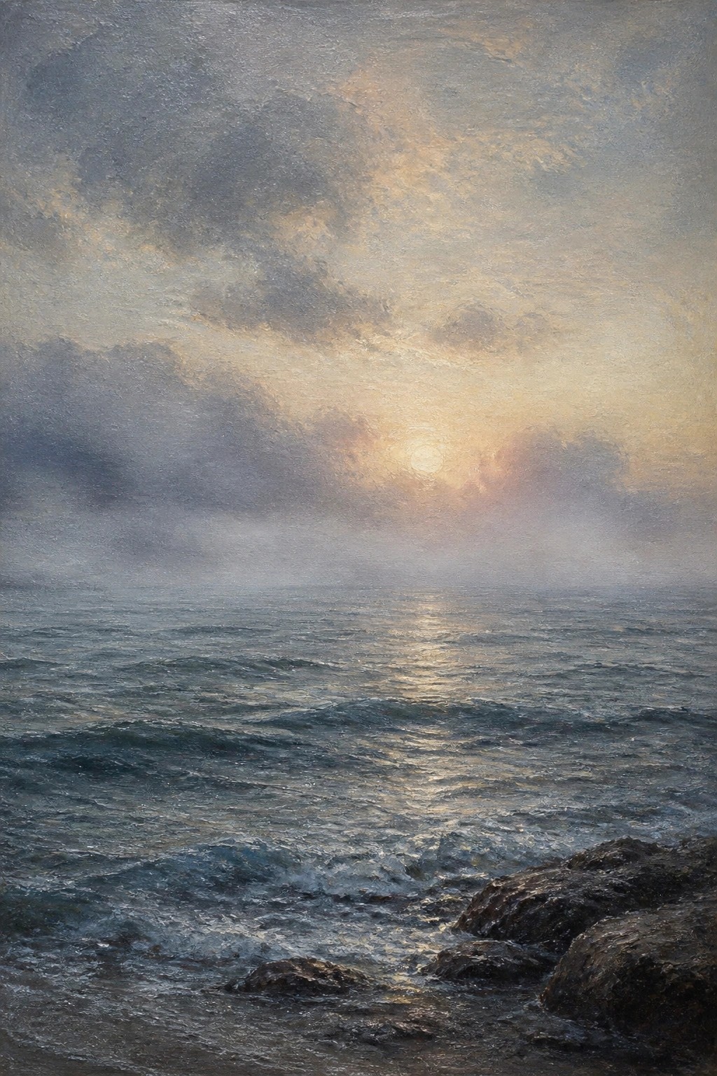 Golden sunlight piercing clouds above misty waves crashing on dark rocks at dawn