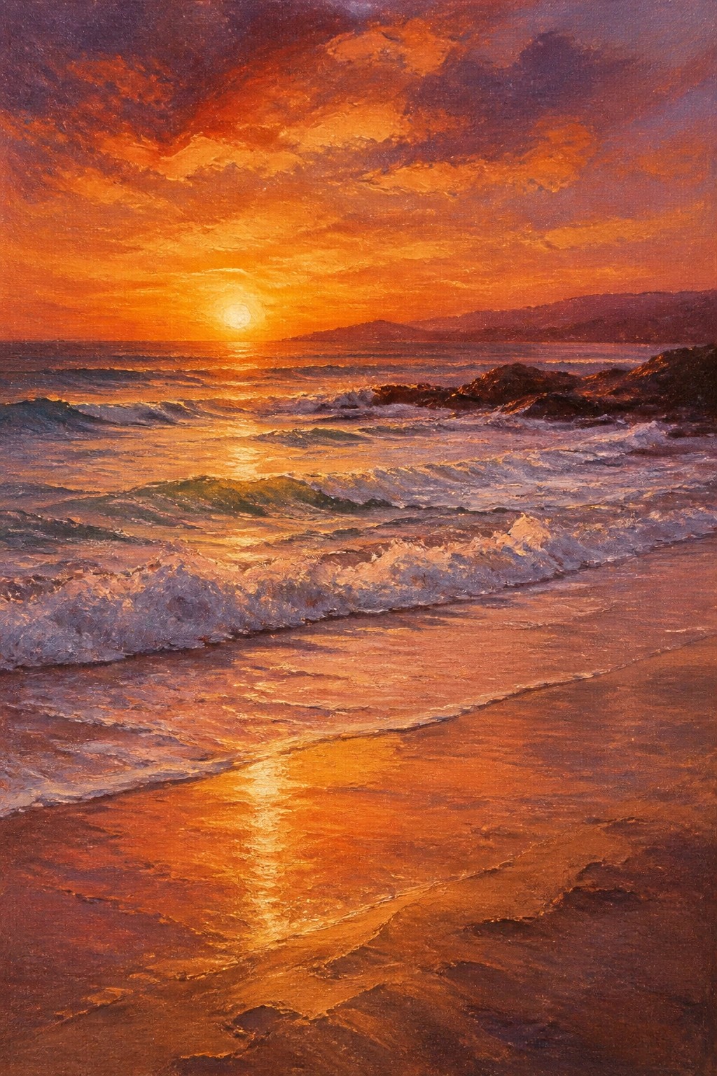 Vibrant sunset painting of orange waves crashing on a sandy beach at dusk