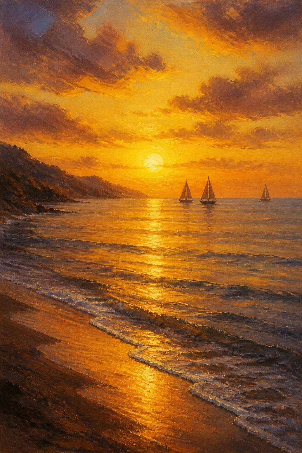Golden sunset over ocean with three sailboats, glowing waves on sandy beach.