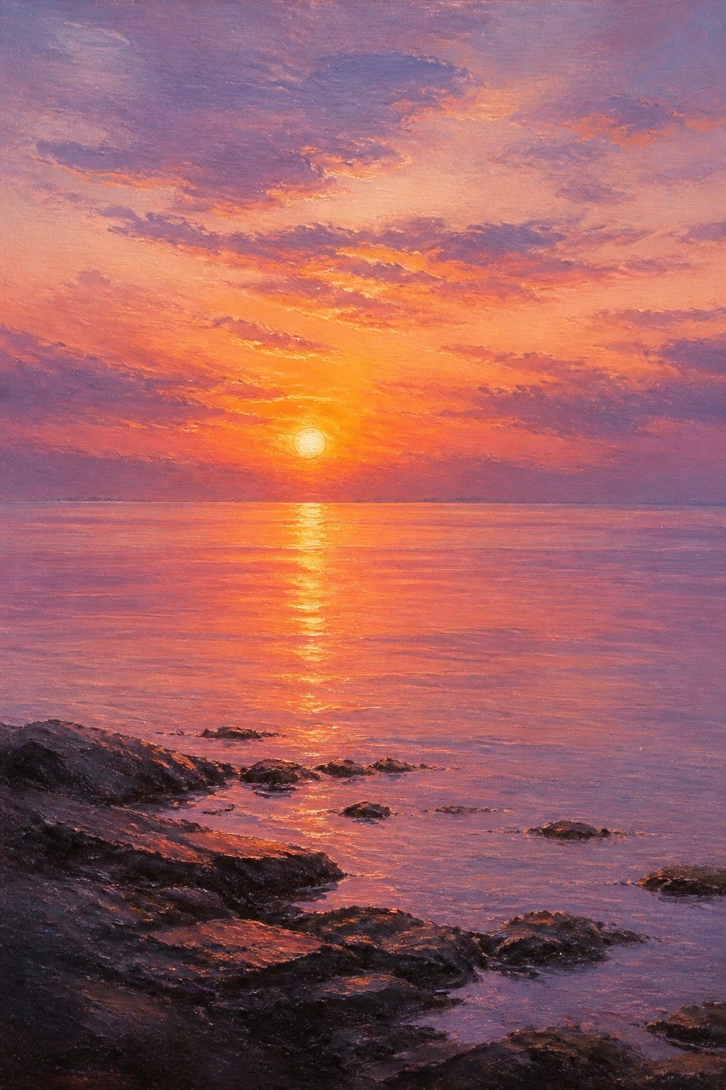 Oil painting of a sunset over the ocean with the sun low on the horizon, its bright reflection on the water, purple and orange clouds, and dark rocks along the foreground shore.