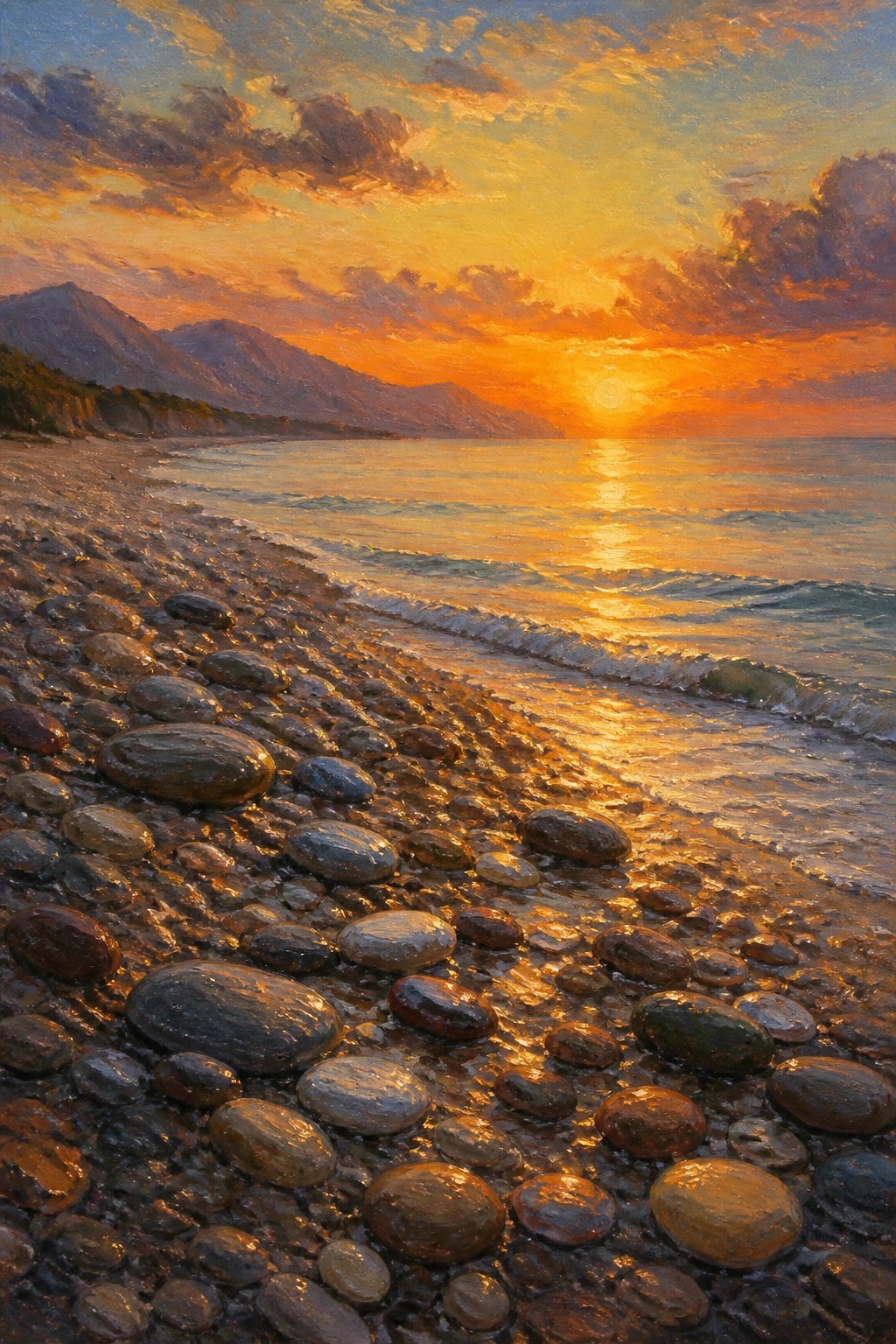 Sunset painting with golden light reflecting on pebble beach, waves, and mountains.