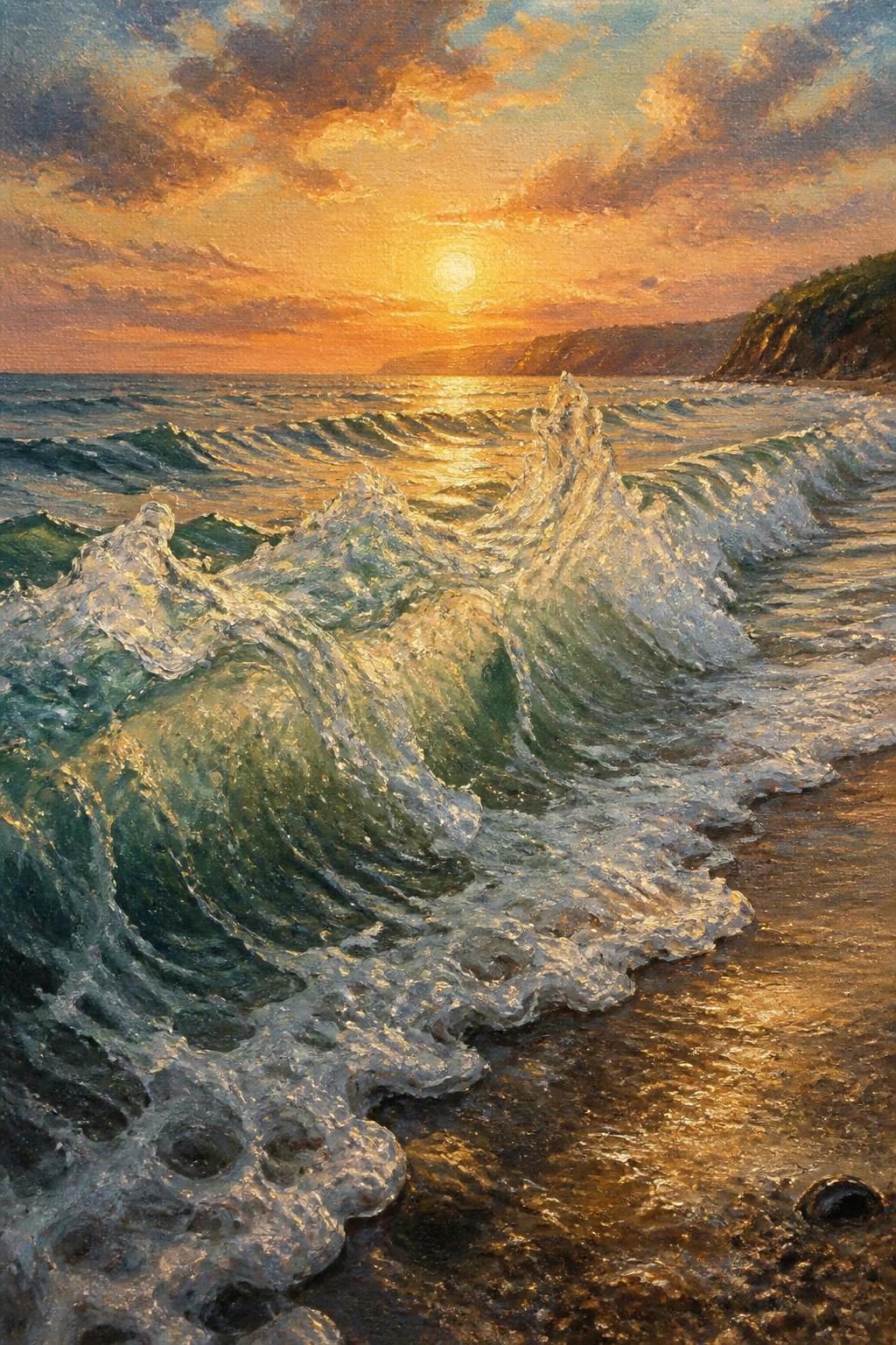 Golden sunset over crashing ocean waves on a sandy beach with cliffs.