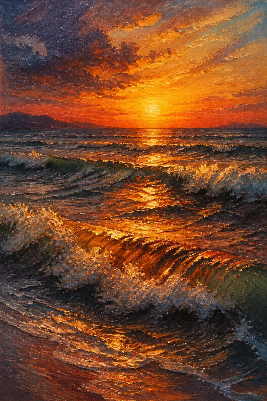 An oil painting of a vibrant sunset over the ocean with rolling waves reflecting golden light and distant land on the horizon.