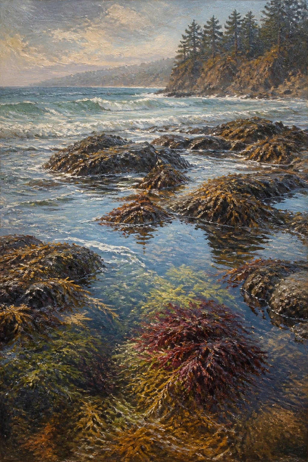Rocky shoreline with colorful seaweed, crashing waves, and forested cliffs at sunset.
