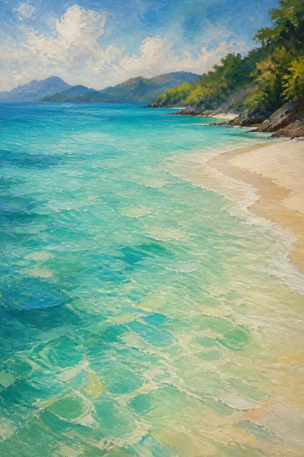 An oil painting of a tropical beach with clear turquoise water showing seabed patterns and a sandy shore next to green hills.