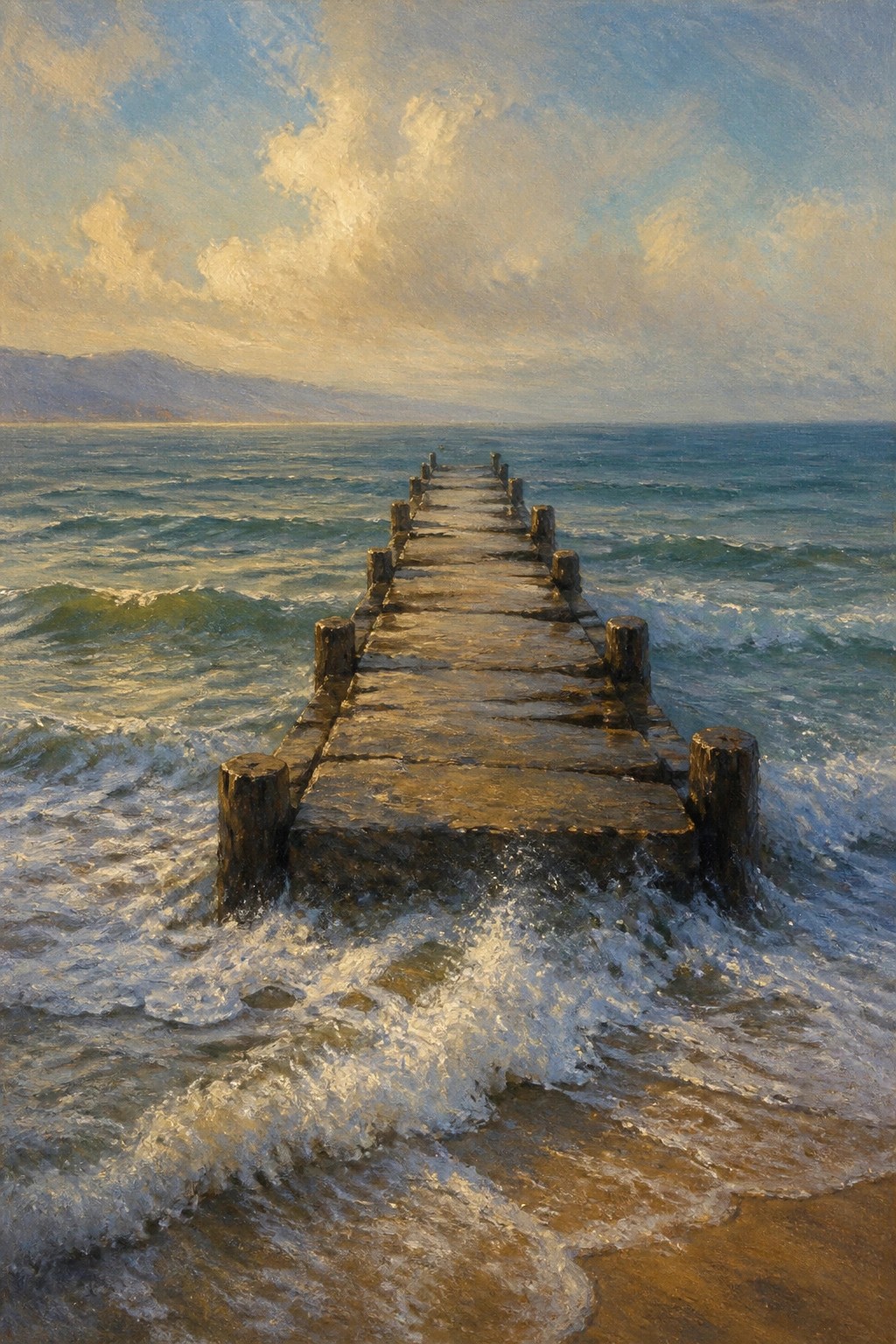 Wooden pier extends over turquoise waves under golden clouds with distant mountains.