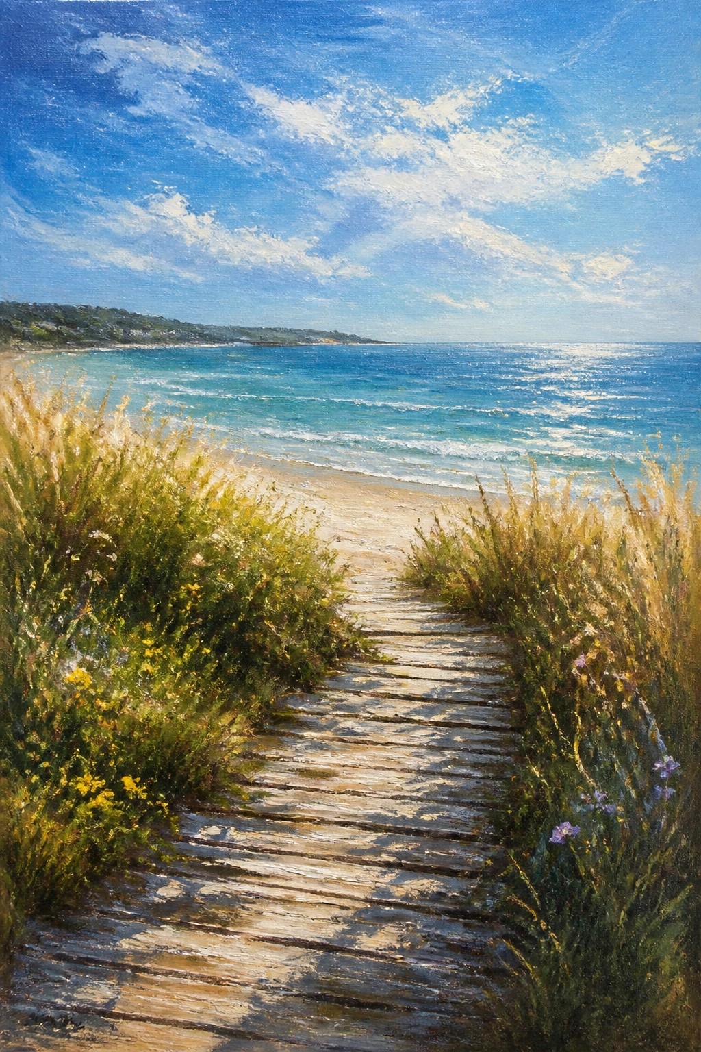 Wooden boardwalk winds through flowering dunes to sunlit turquoise ocean waves.