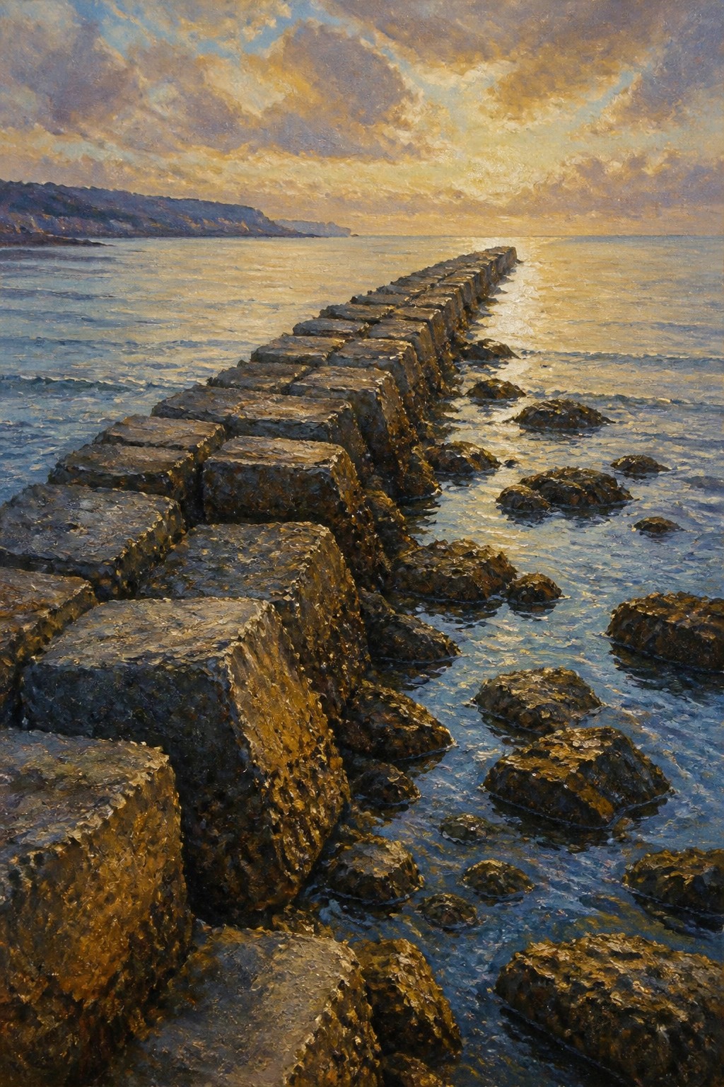 Sunlit concrete breakwater stretching into calm sea under golden sunset clouds