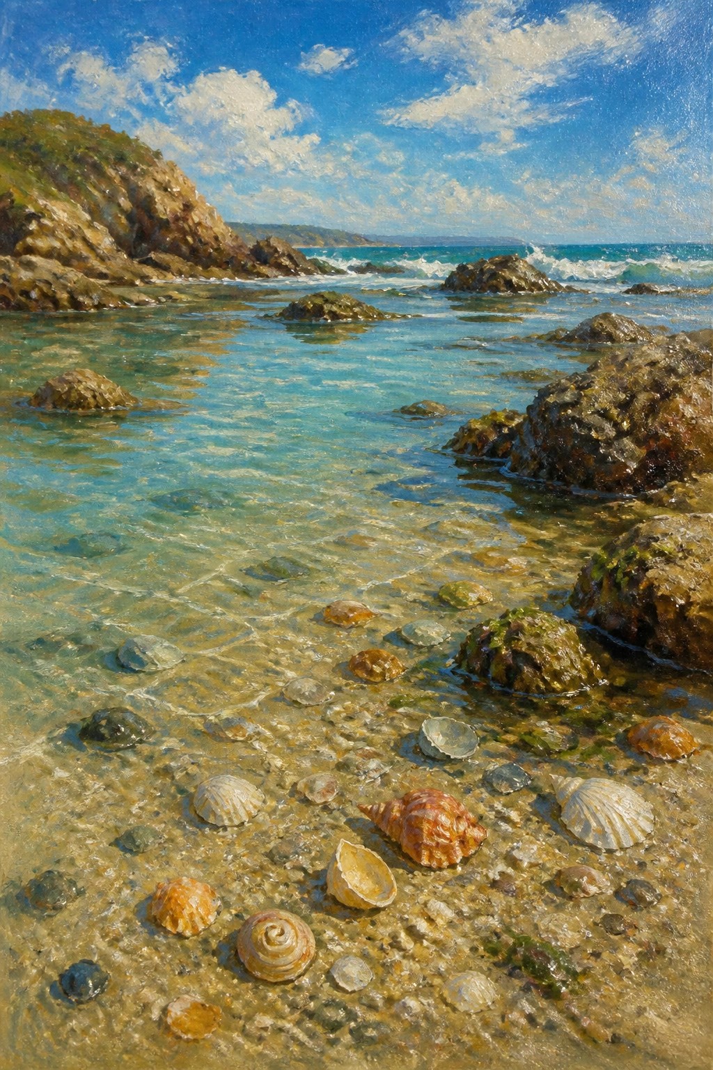 Seashells scattered across wet sand in clear turquoise shallow water with rocky cliffs beyond.