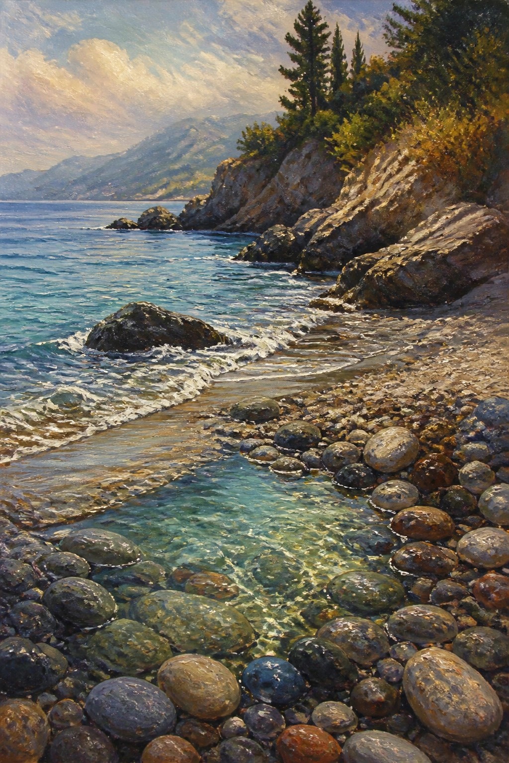 Sunlit rocky shore with turquoise waves, pebbles, and tree-covered cliffs under blue sky.