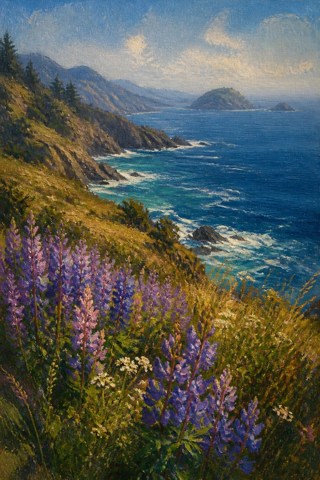 Purple lupines bloom on a cliff above crashing waves and misty ocean mountains.