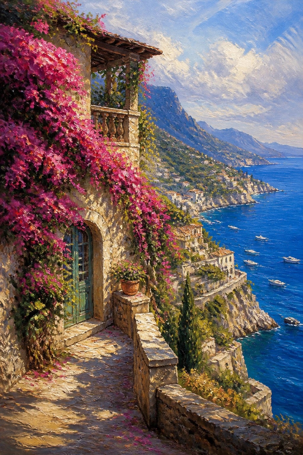An oil painting of a stone building covered in bright pink flowers on a cliff overlooking a blue sea with mountains and boats in the distance.