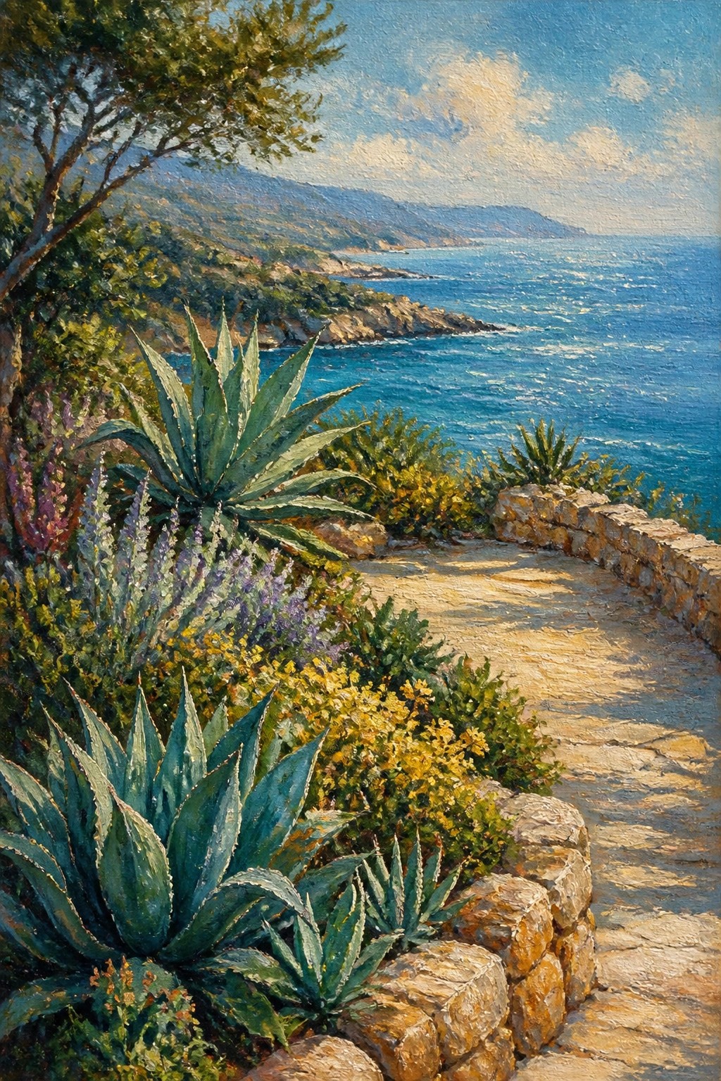 Sunlit stone path curves past agave plants and flowers overlooking blue sea.
