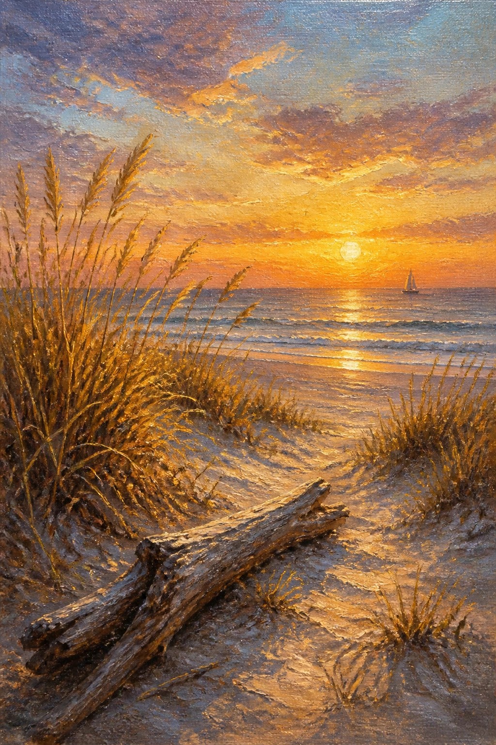Sunset beach painting with driftwood, golden sea oats, and distant sailboat.