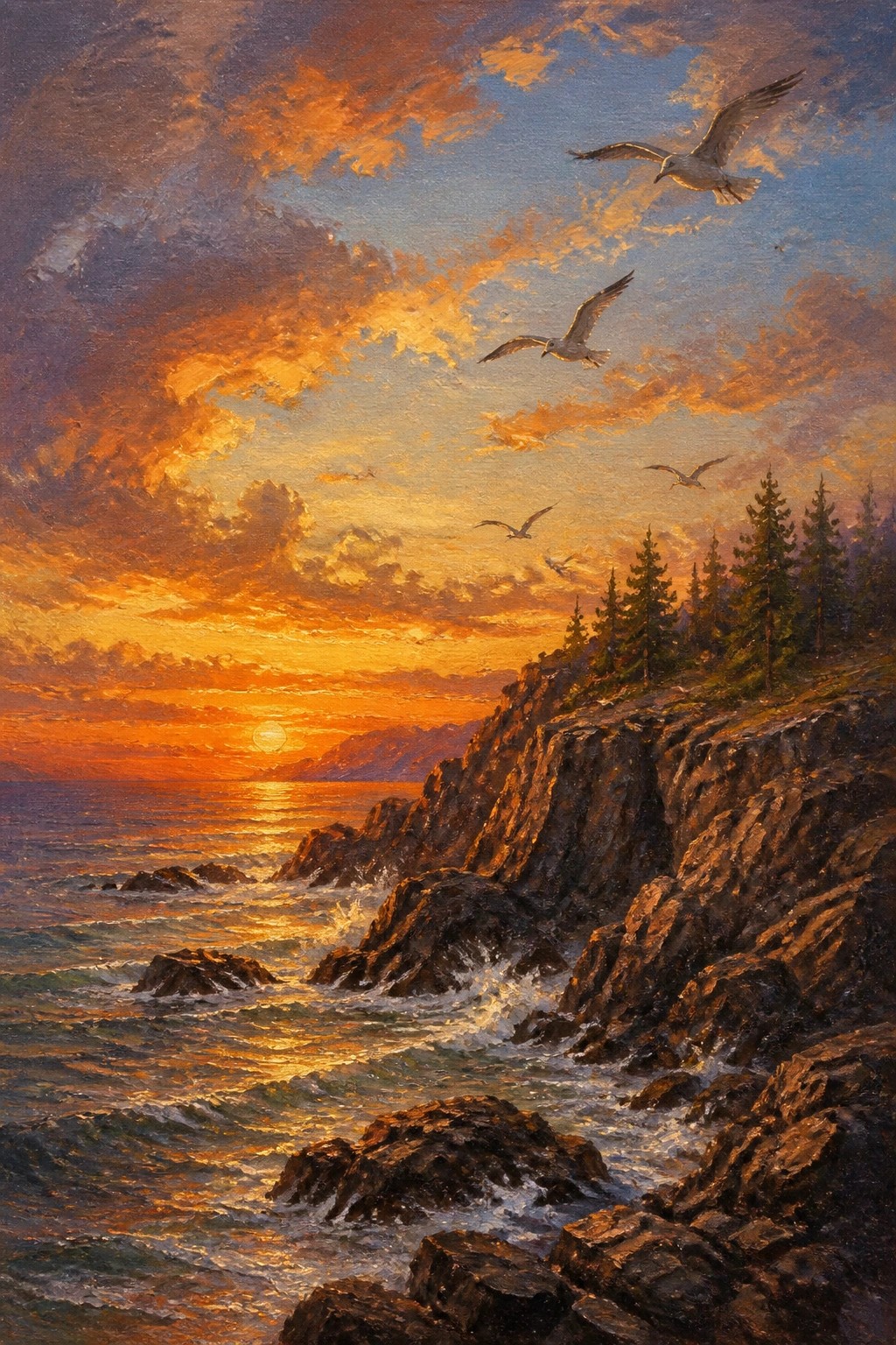 Sunset over rocky coastline with crashing waves, flying seagulls, and pine trees.