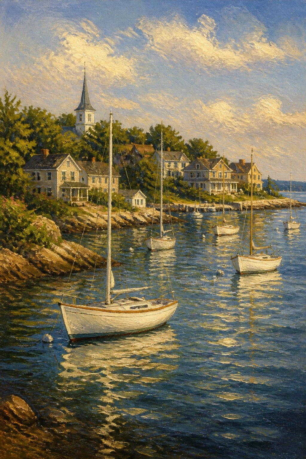 White sailboats on calm blue water by rocky shore with hillside village and church.