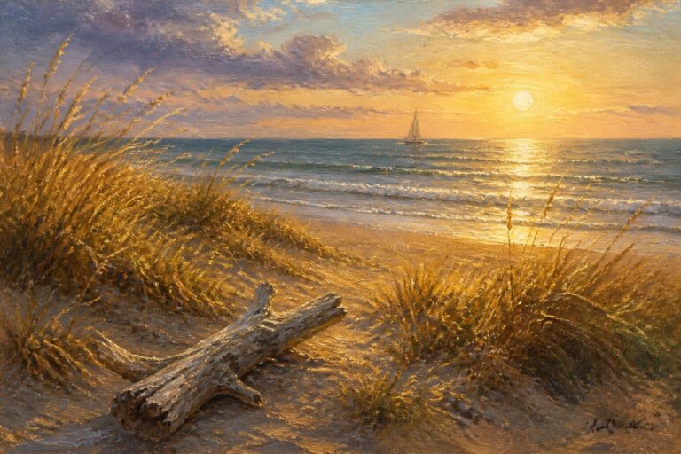 Sunset beach painting with driftwood, golden sea oats, and distant sailboat.