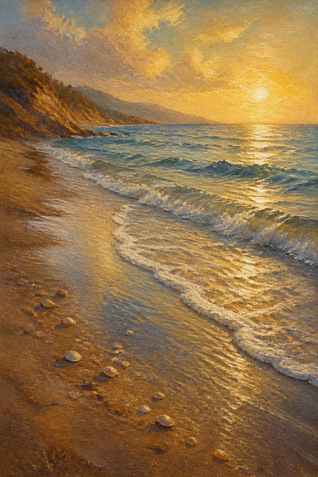 Golden sunset painting with waves lapping sandy beach, seashells, and glowing ocean reflections