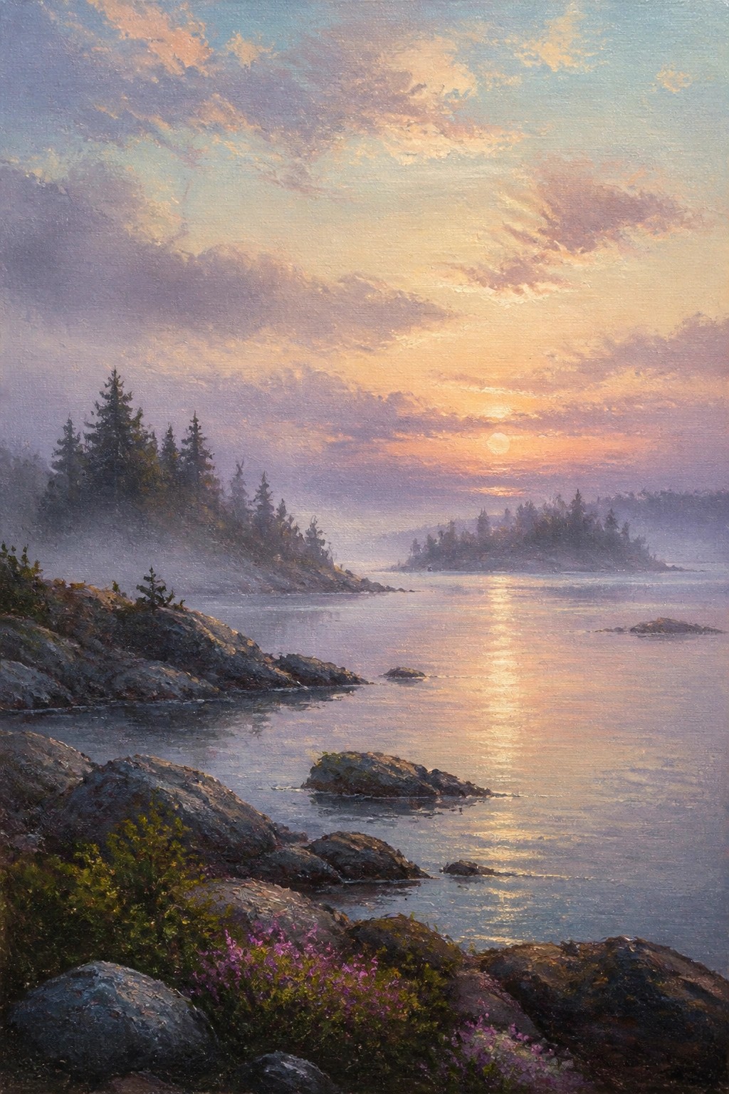 Sunset over misty lake with rocky shores, pine trees, and pink wildflowers