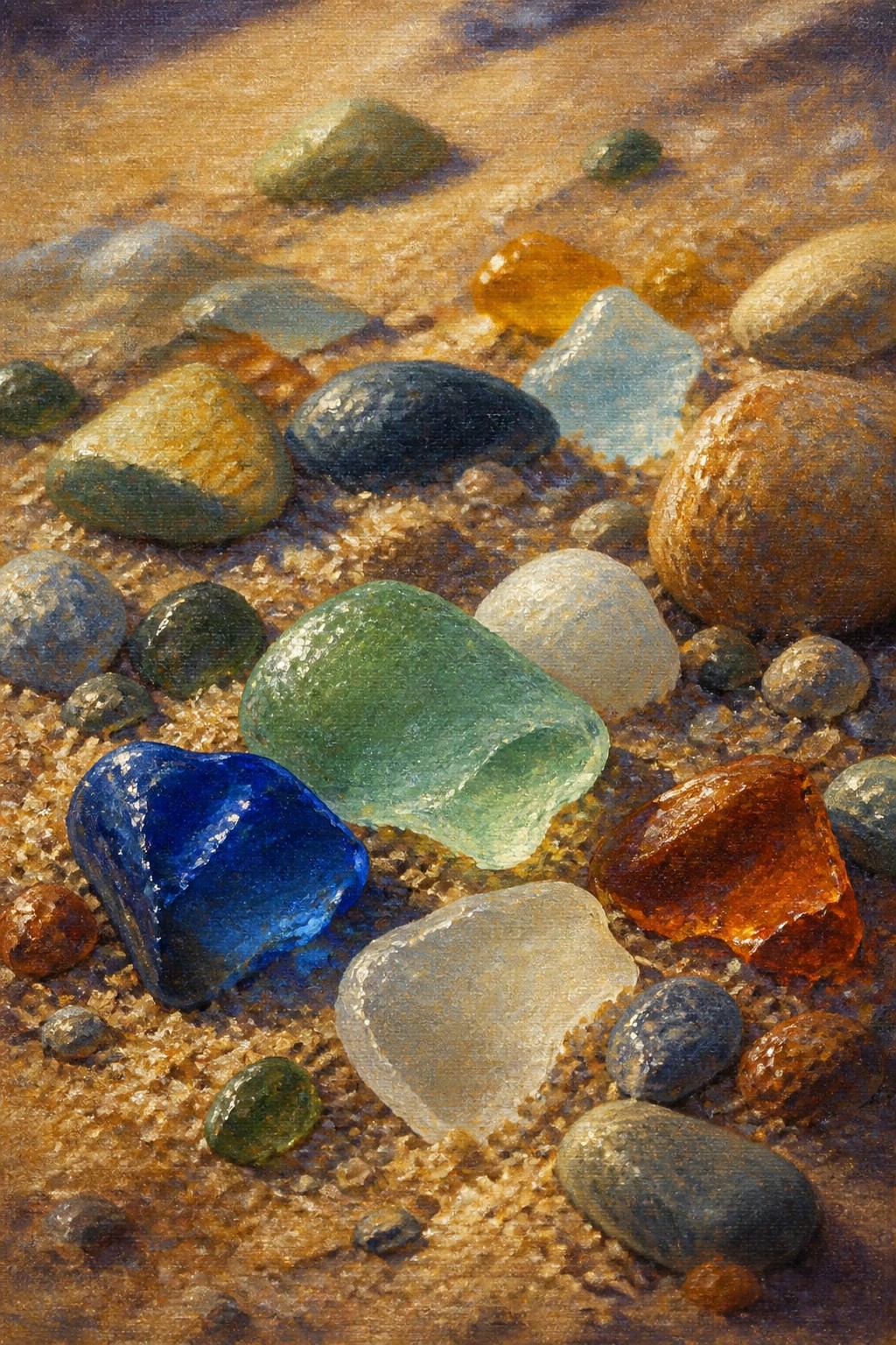 Close-up oil painting of colorful sea glass and pebbles resting on wet sand under warm light.