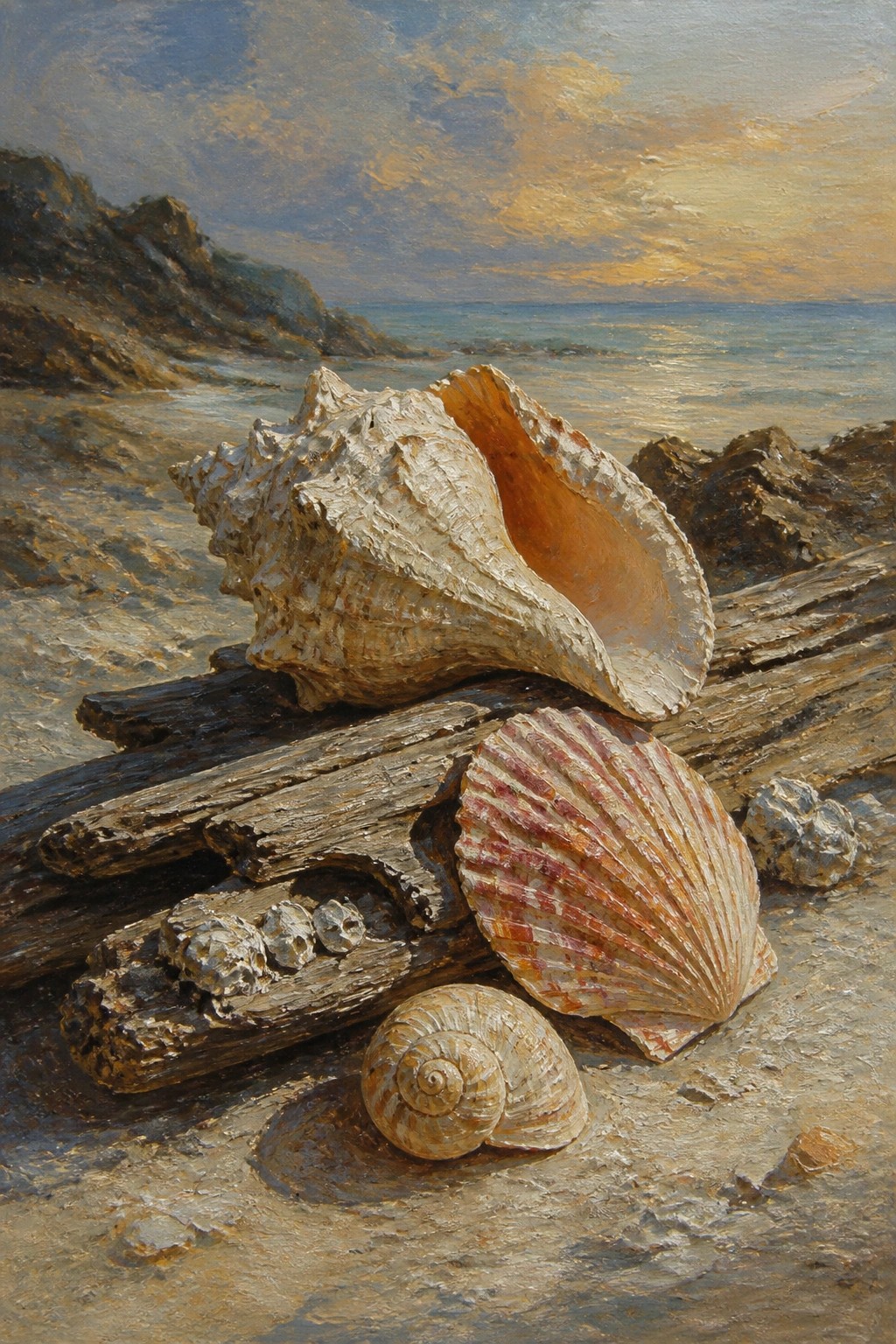 Seashells on driftwood by the sea under a vibrant sunset sky