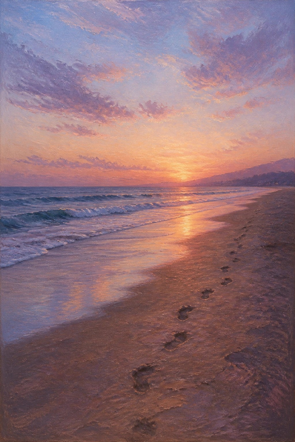 Vibrant sunset beach with golden reflections, waves, and footprints in sand
