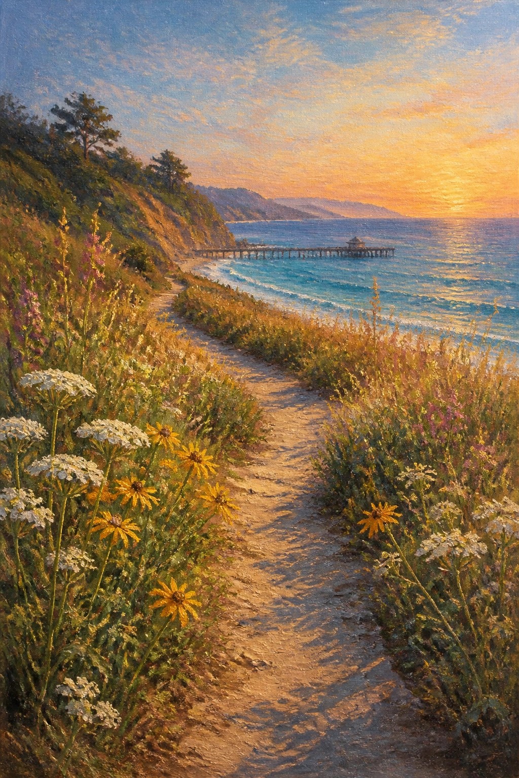 Coastal path lined with wildflowers descends to ocean pier at vibrant sunset