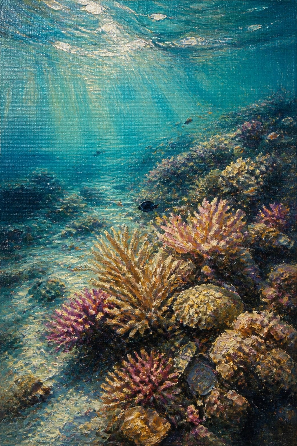 Vibrant coral reef with colorful corals, small fish, and sunlight rays in turquoise water.