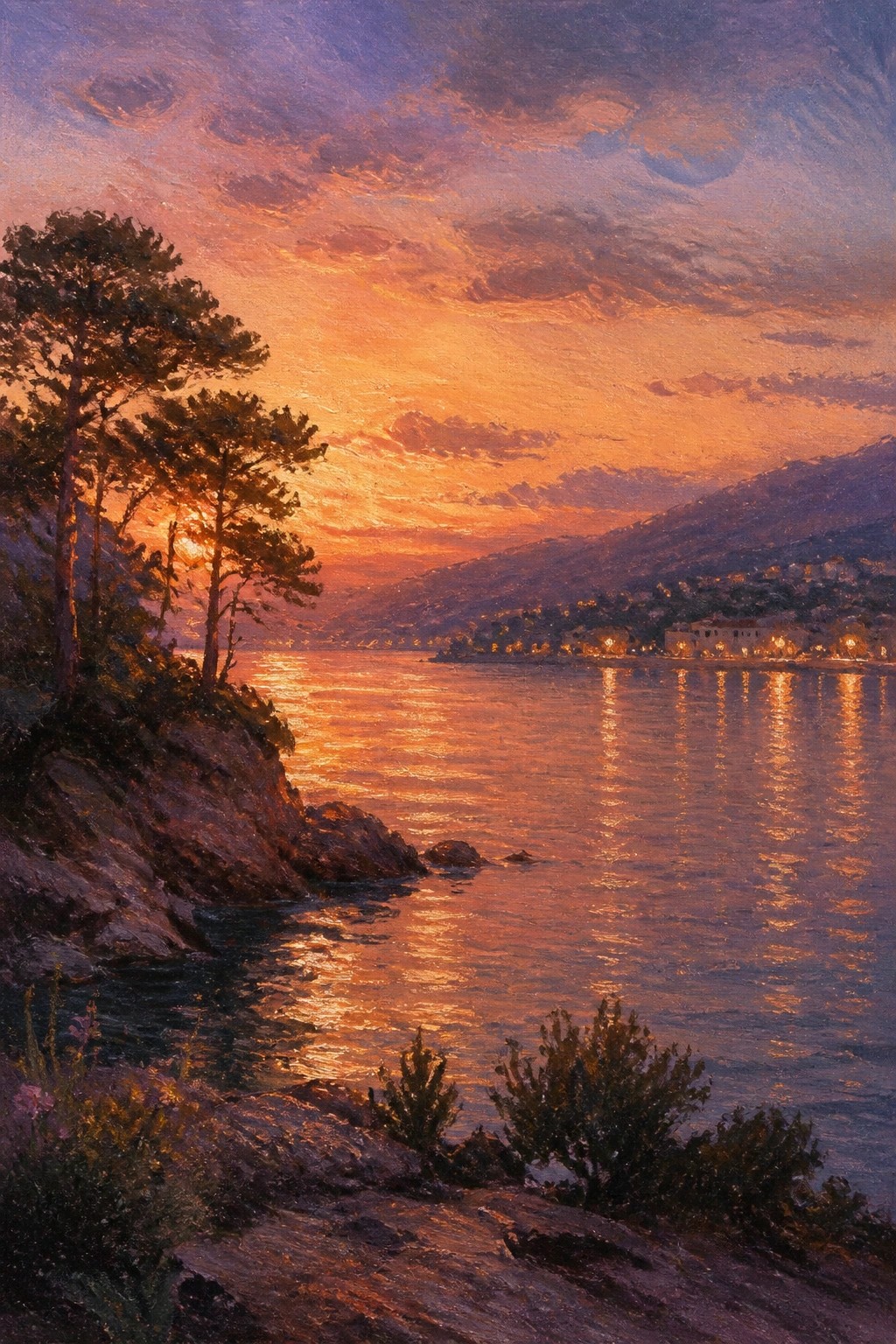 Sunset over calm bay with golden reflections, rocky pine-lined shore, distant glowing town.