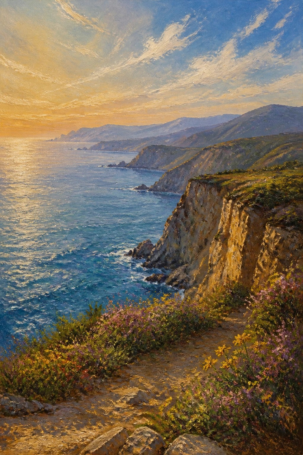 Sunset over rugged cliffs with wildflowers lining a winding coastal path.